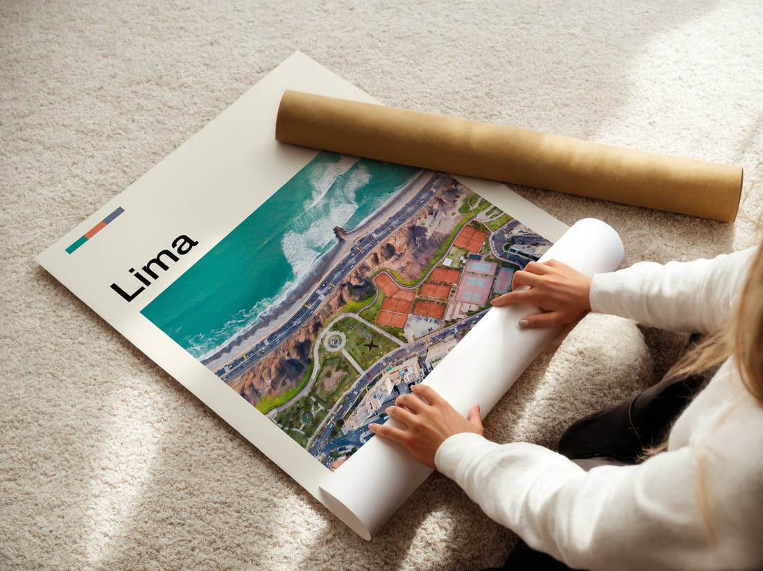 Lima Coastal Cliffs From Above Travel Print being unrolled from its postal tube