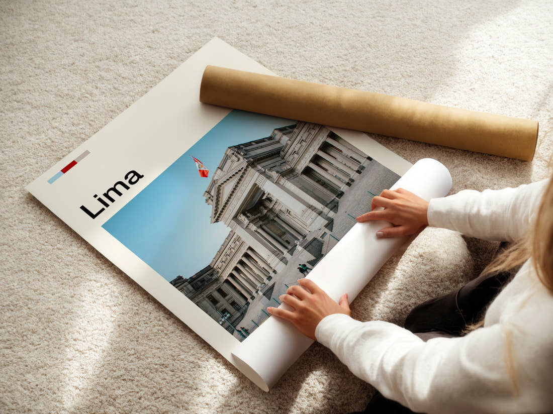 Lima Palace Of Justice Travel Print being unrolled from its postal tube