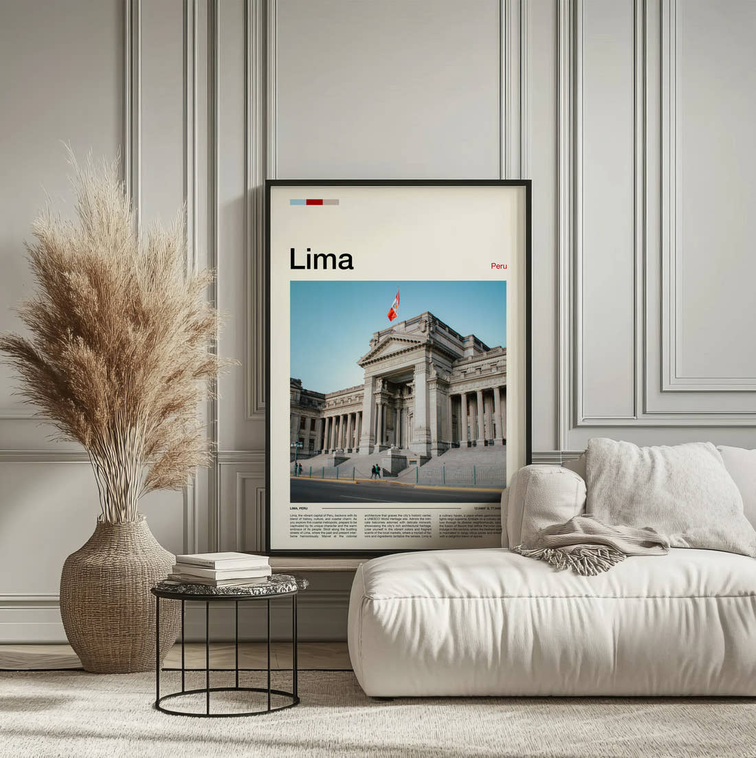 Lima Palace Of Justice Travel Print framed on the wall of a calm, neutral bedroom