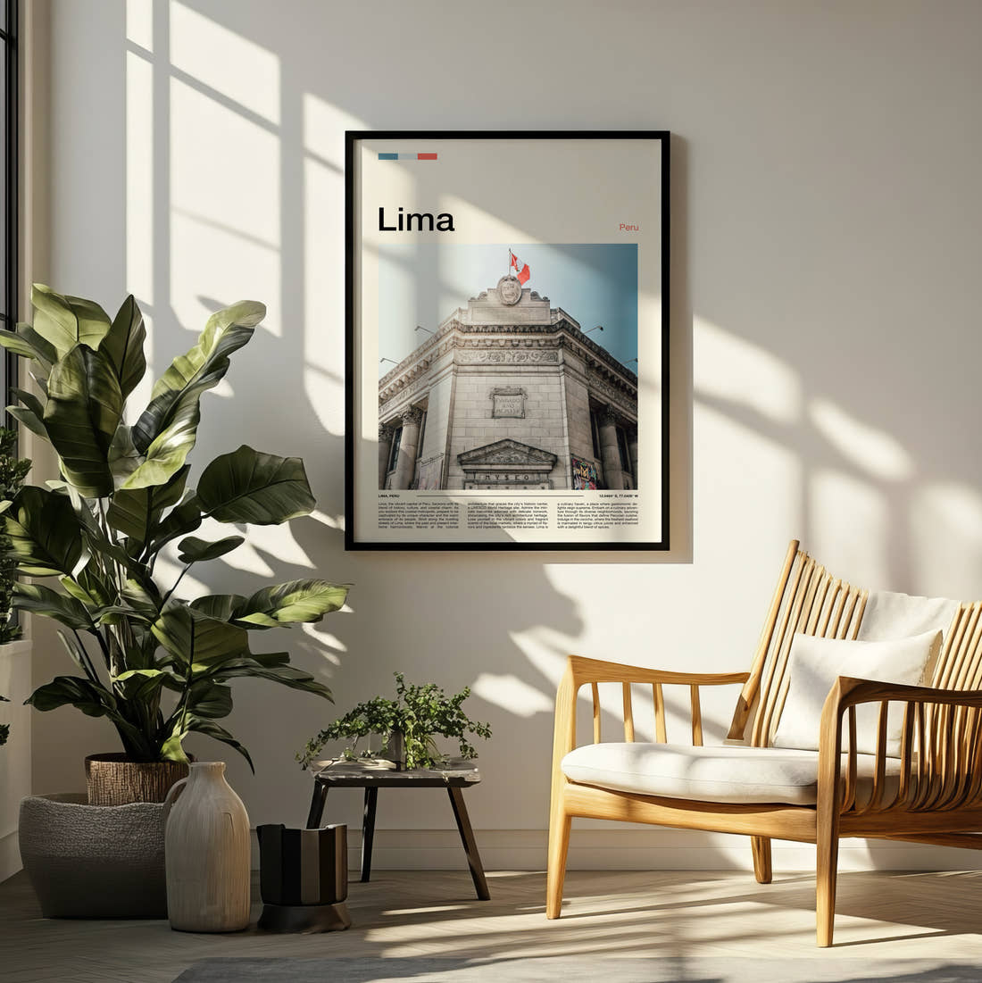 Lima Central Reserve Bank Travel Print framed on a pale wall beside houseplants