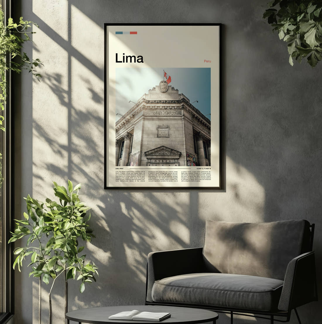 Lima Central Reserve Bank Travel Print framed on the wall of a relaxed living room