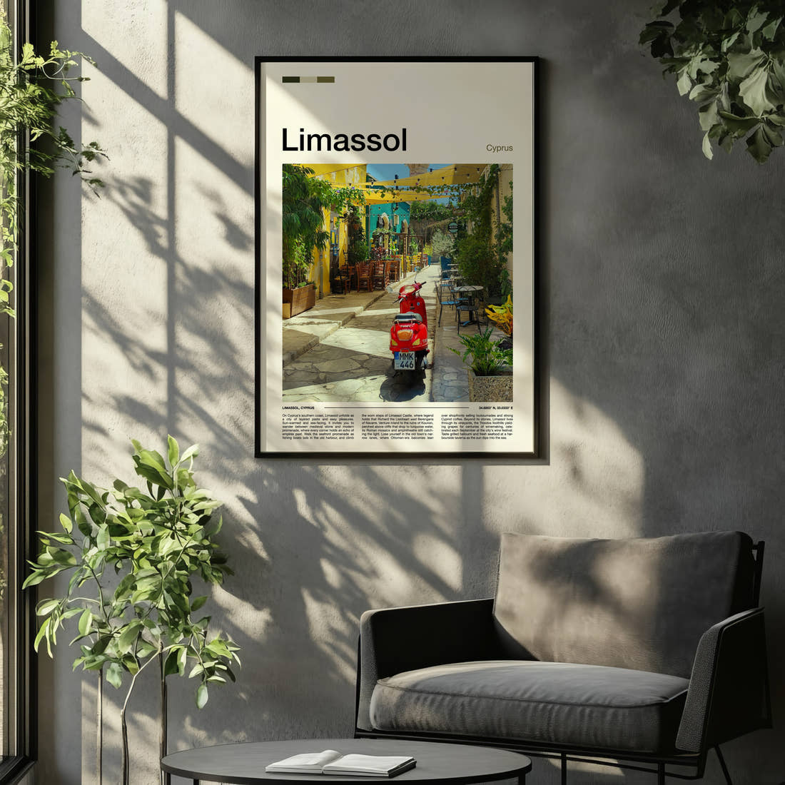 Limassol Old Town Alleyway Travel Print framed on the wall of a relaxed living room
