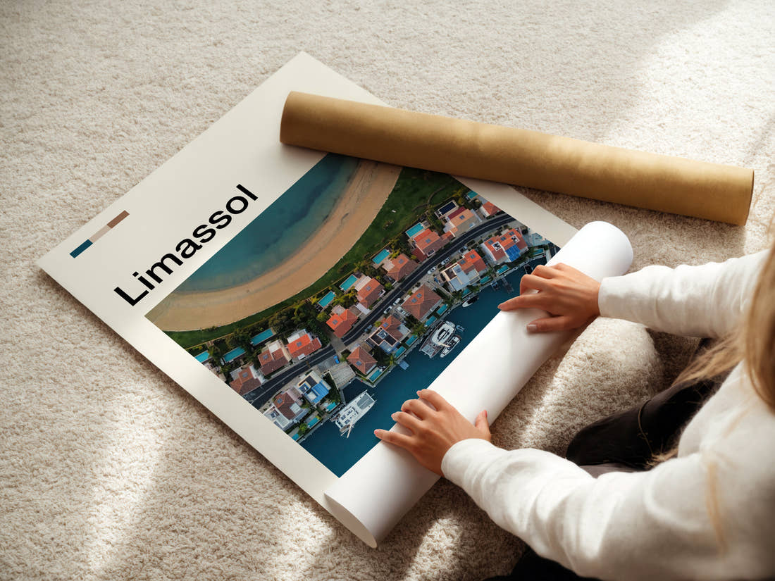 Limassol Coastal Marina From Above Travel Print being unrolled from its postal tube