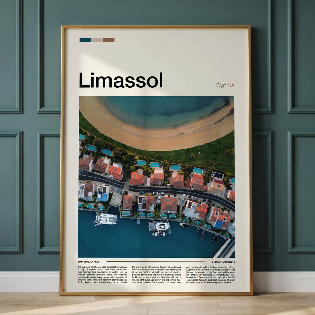 Limassol Coastal Marina From Above Travel Print framed on the wall of a calm, neutral bedroom