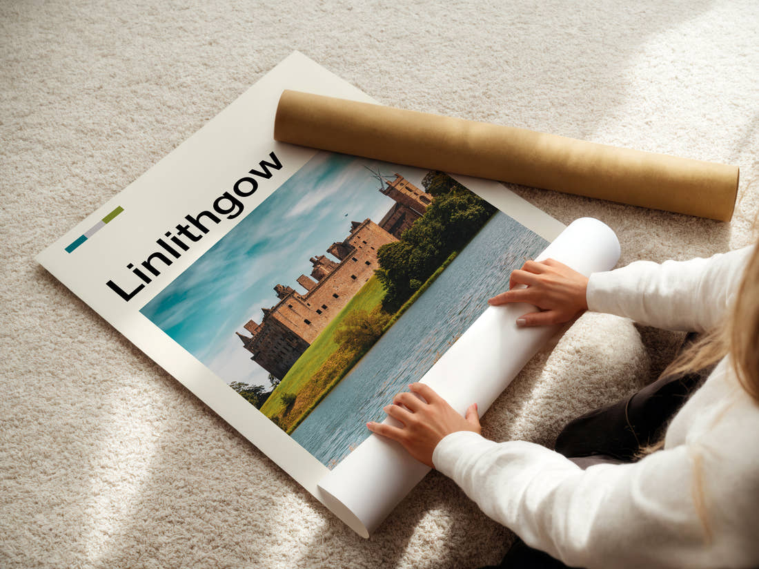 Linlithgow Palace Across The Loch Travel Print being unrolled from its postal tube