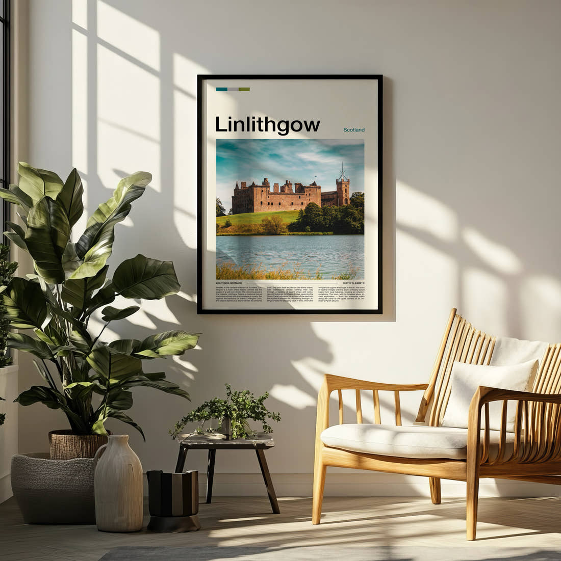 Linlithgow Palace Across The Loch Travel Print framed on a pale wall beside houseplants