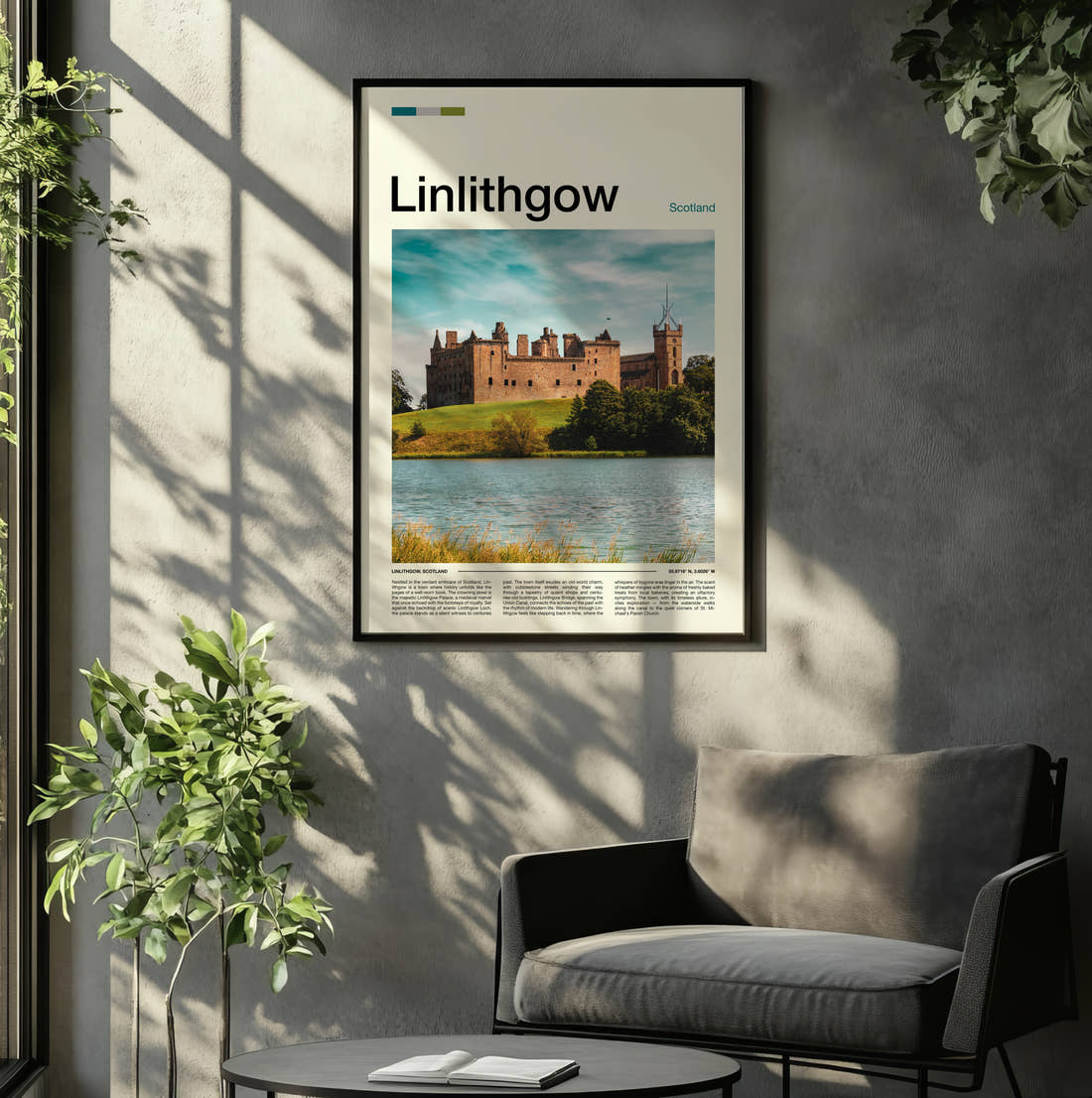 Linlithgow Palace Across The Loch Travel Print framed on the wall of a relaxed living room