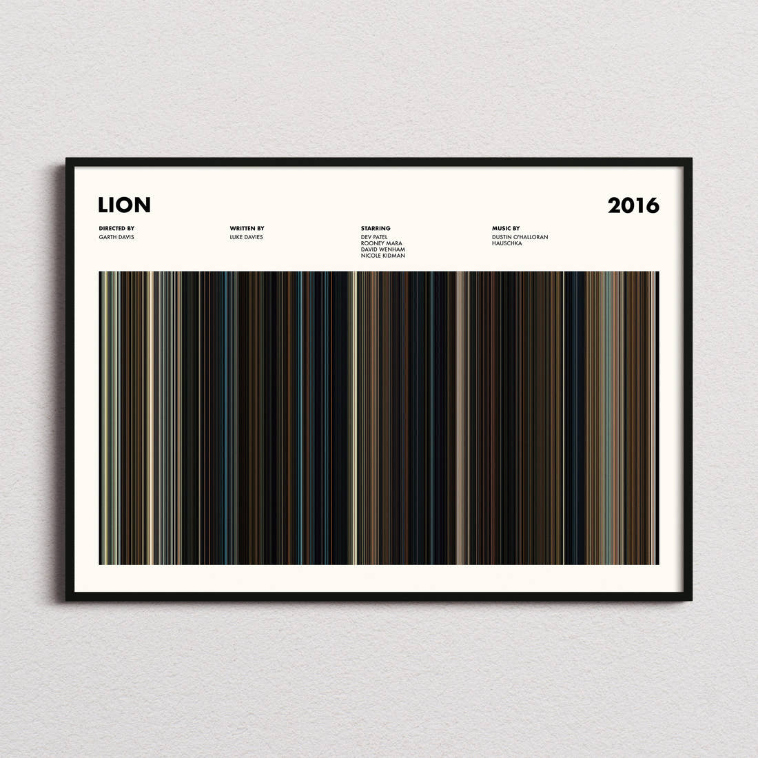 Lion Movie Barcode Poster framed and photographed straight on