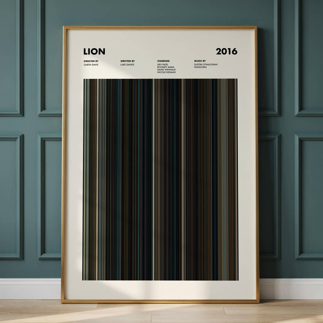 Lion Movie Barcode Poster framed and leaning against a panelled wall