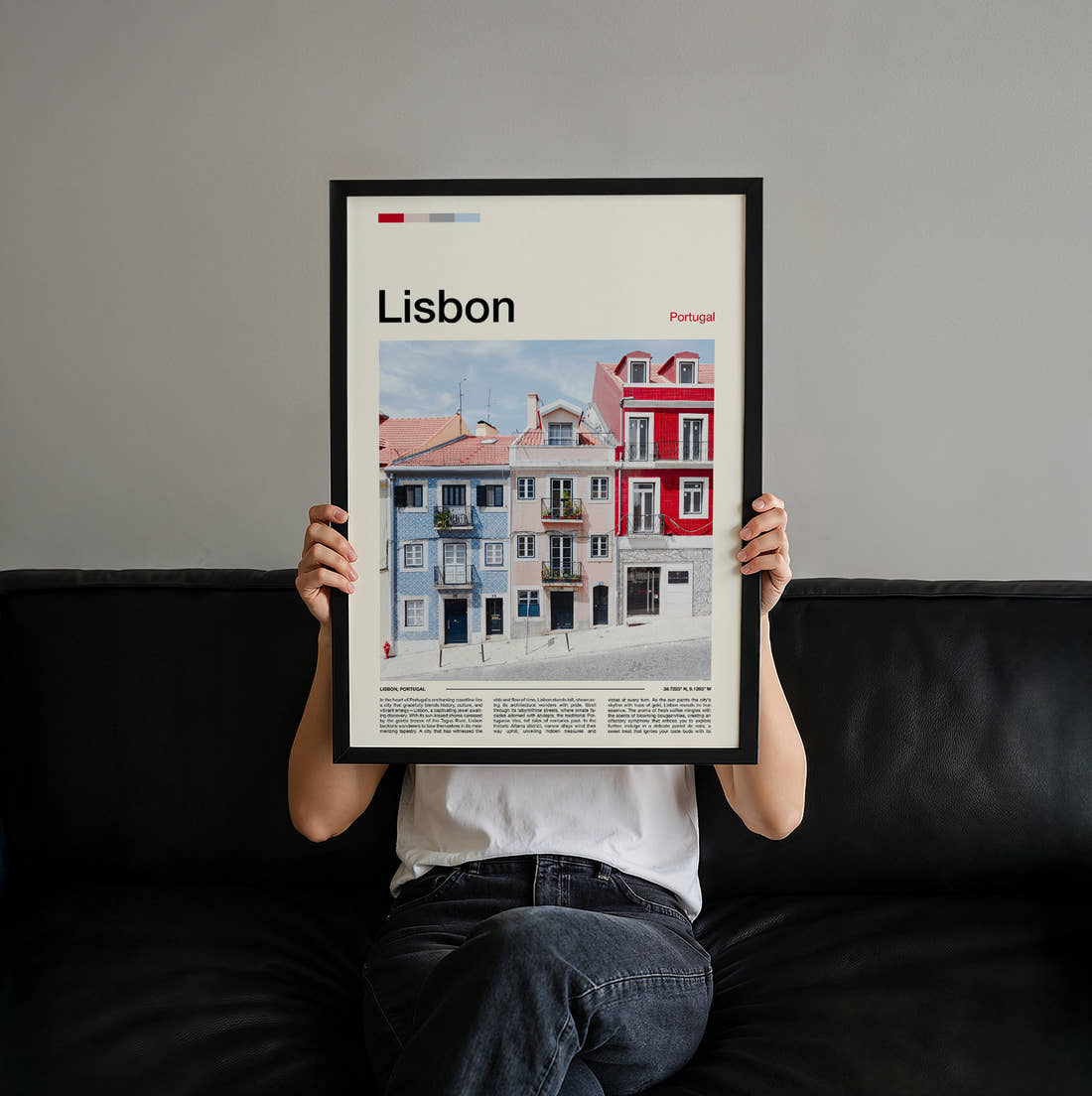 Lisbon Colourful Houses Travel Print held up by hand to show the size of the print