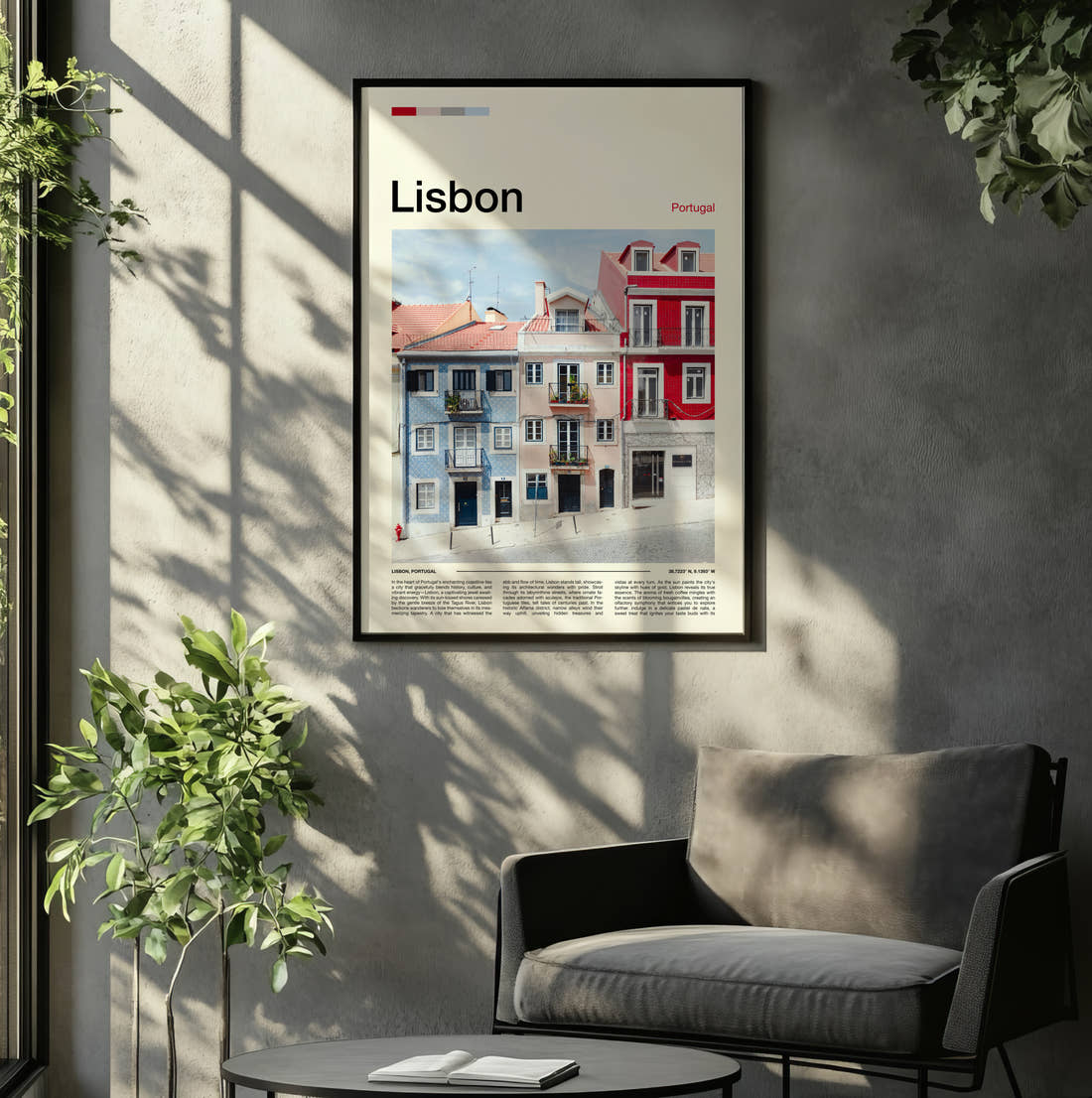 Lisbon Colourful Houses Travel Print framed on the wall of a relaxed living room