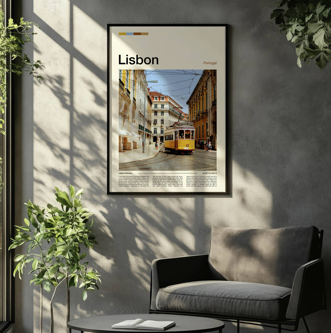 Lisbon Yellow Tram In The Square Travel Print framed on the wall of a relaxed living room