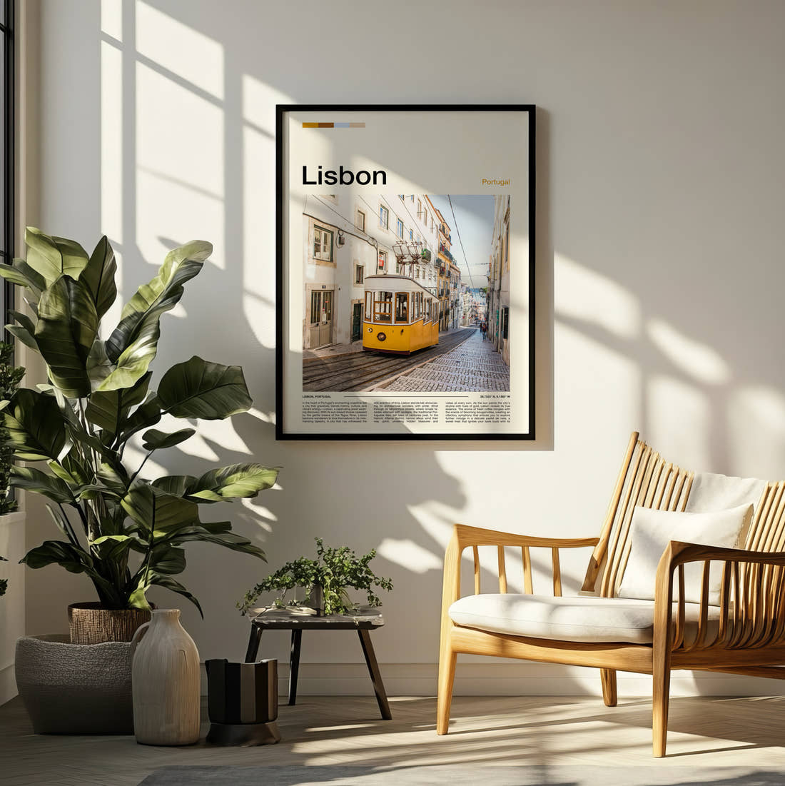 Lisbon Yellow Tram On A Narrow Street Travel Print framed on a pale wall beside houseplants