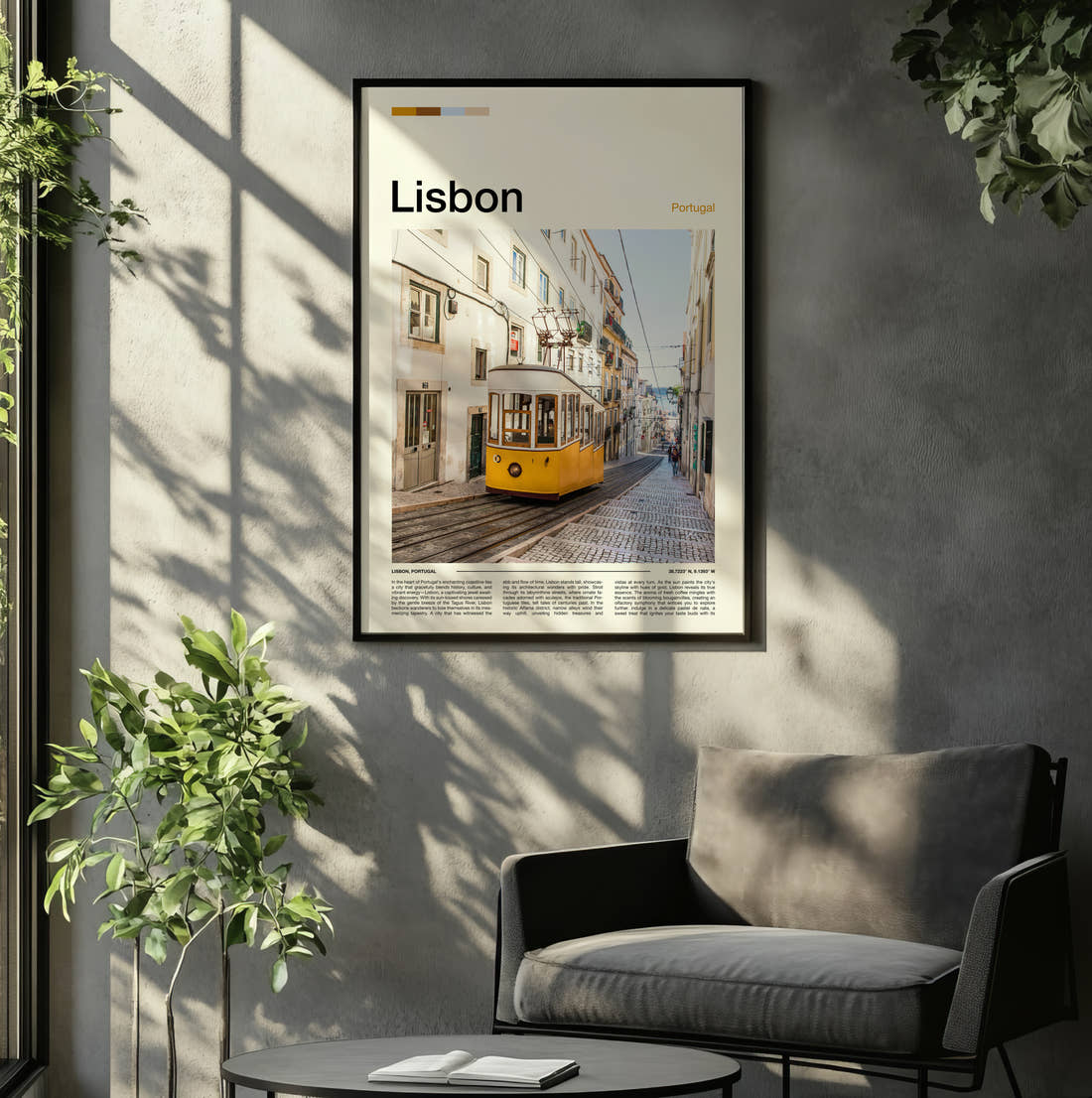 Lisbon Yellow Tram On A Narrow Street Travel Print framed on the wall of a relaxed living room