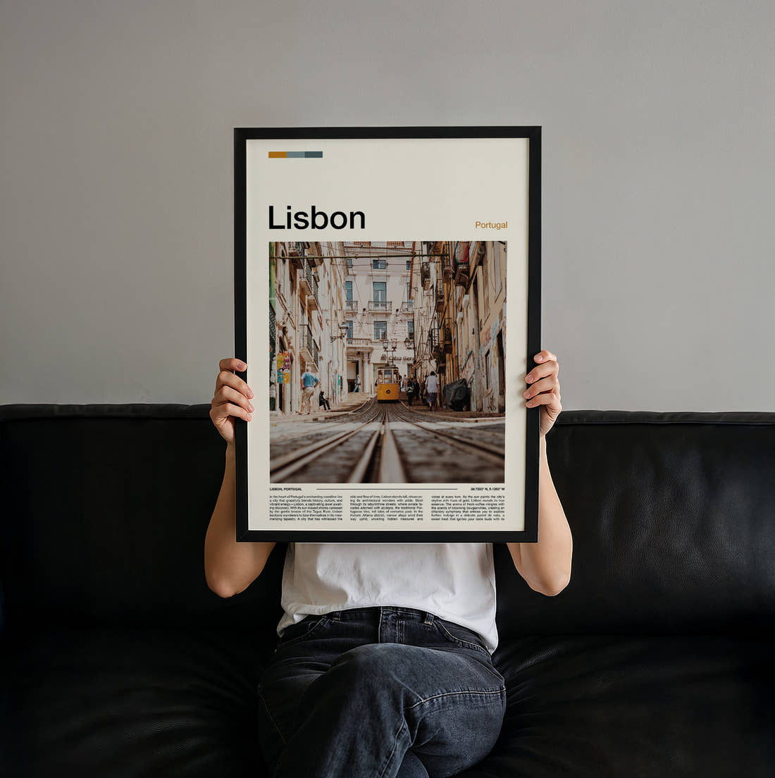 Lisbon Tram On Steep Street Travel Print held up by hand to show the size of the print