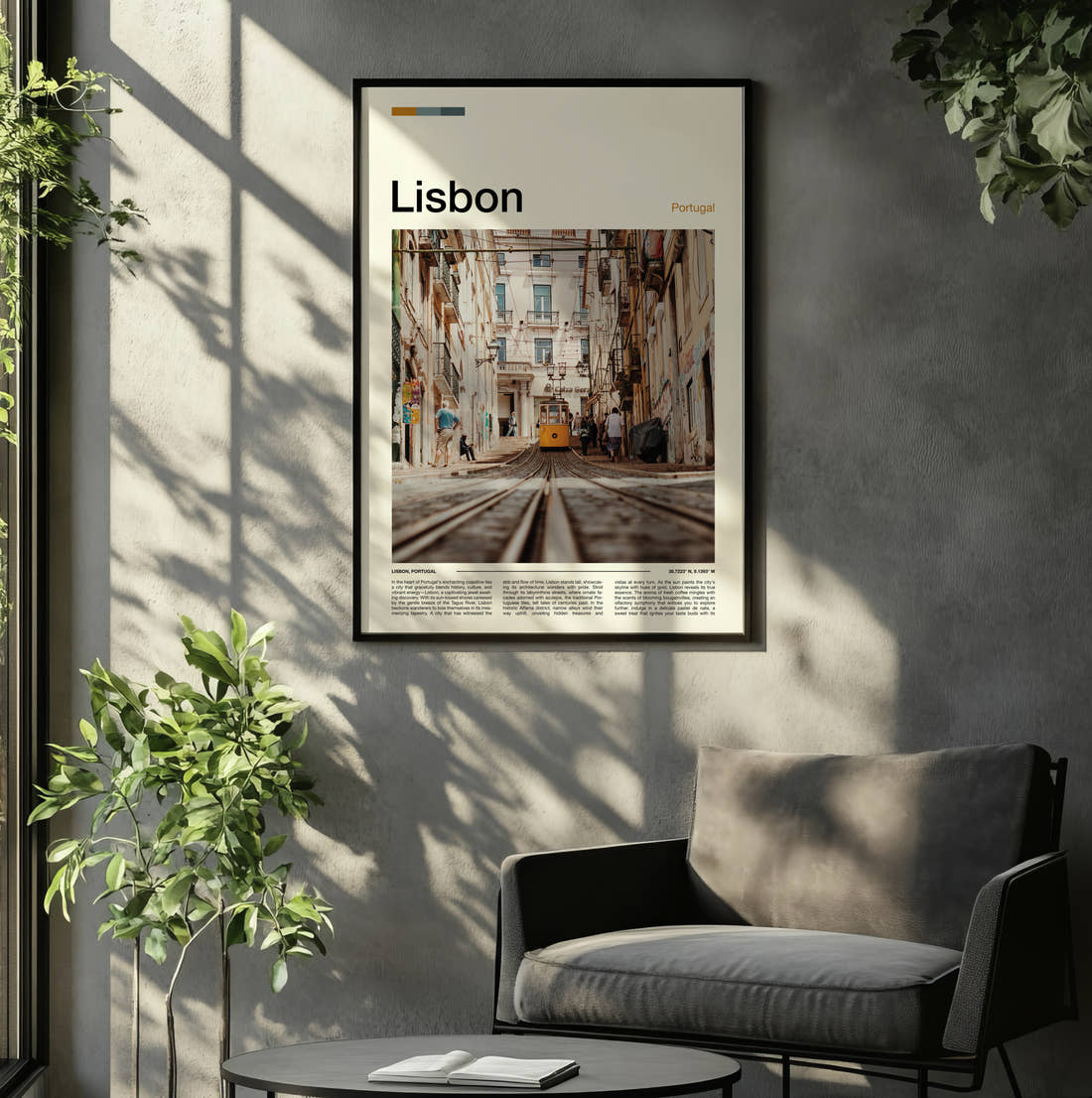 Lisbon Tram On Steep Street Travel Print framed on the wall of a relaxed living room