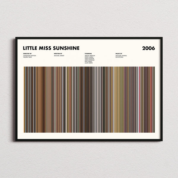 Little Miss Sunshine Movie Barcode Poster framed and photographed straight on