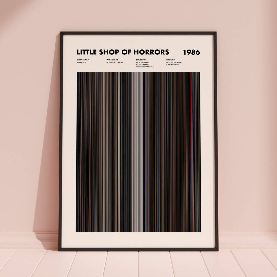 Little Shop Of Horrors Movie Barcode Poster framed and leaning against a coloured wall