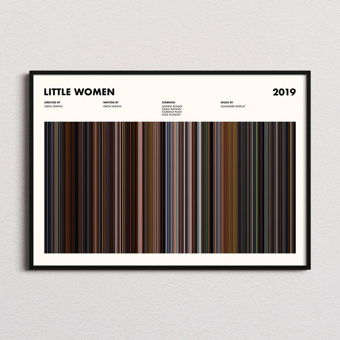 Little Women Movie Barcode Poster framed and photographed straight on