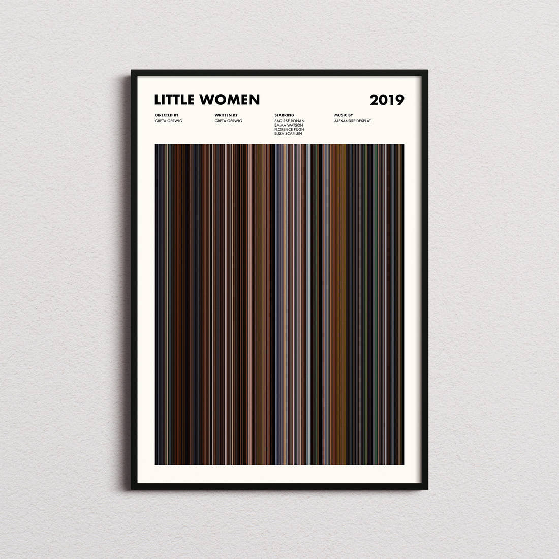 Little Women Movie Barcode Poster framed on a plain studio wall