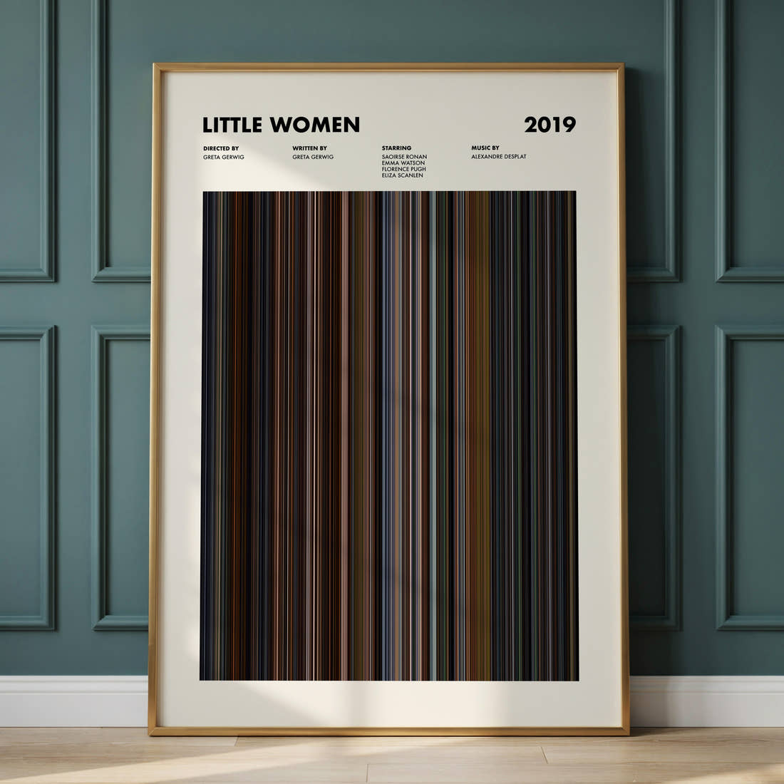 Little Women Movie Barcode Poster framed and leaning against a panelled wall