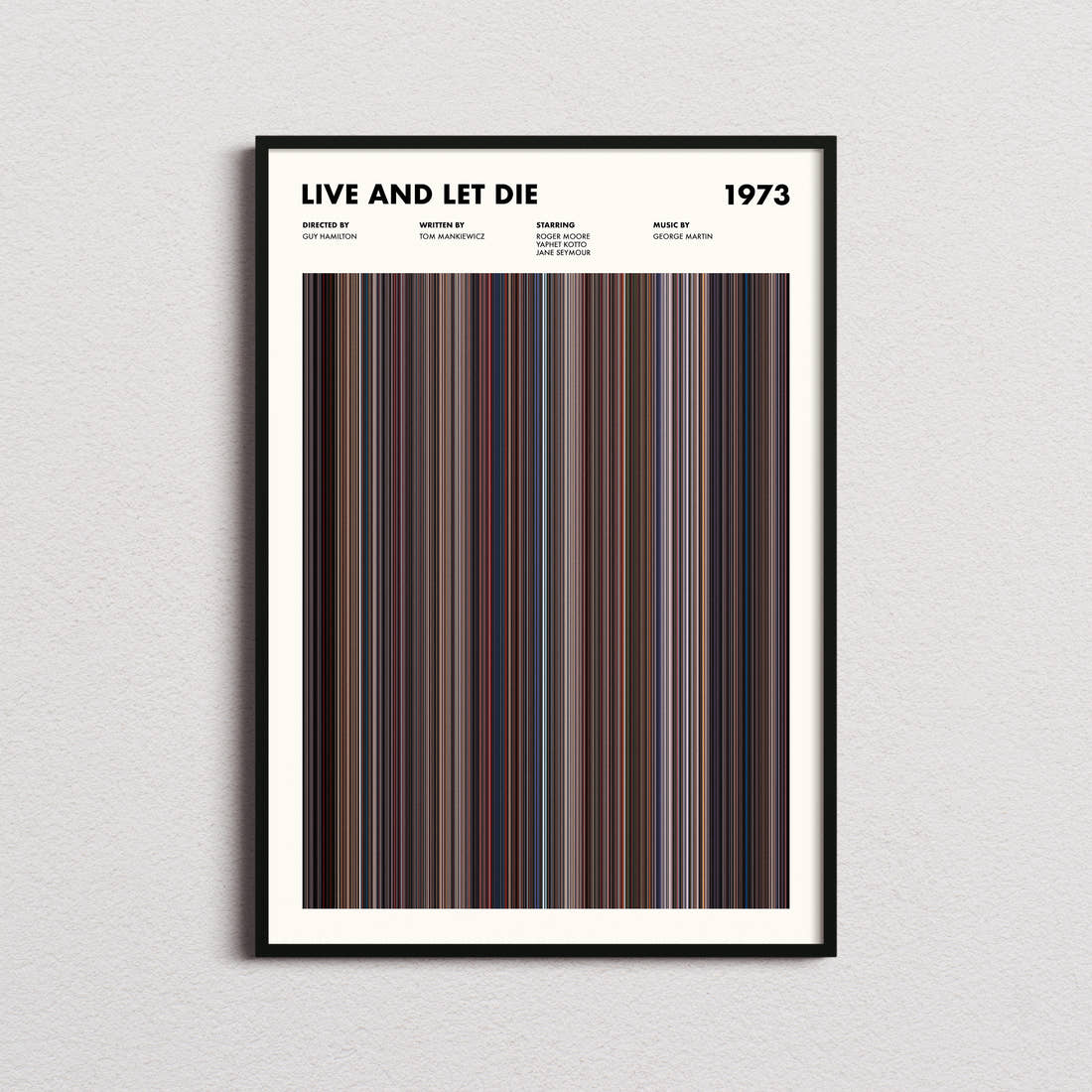 Live and Let Die Movie Barcode Poster framed on a plain studio wall