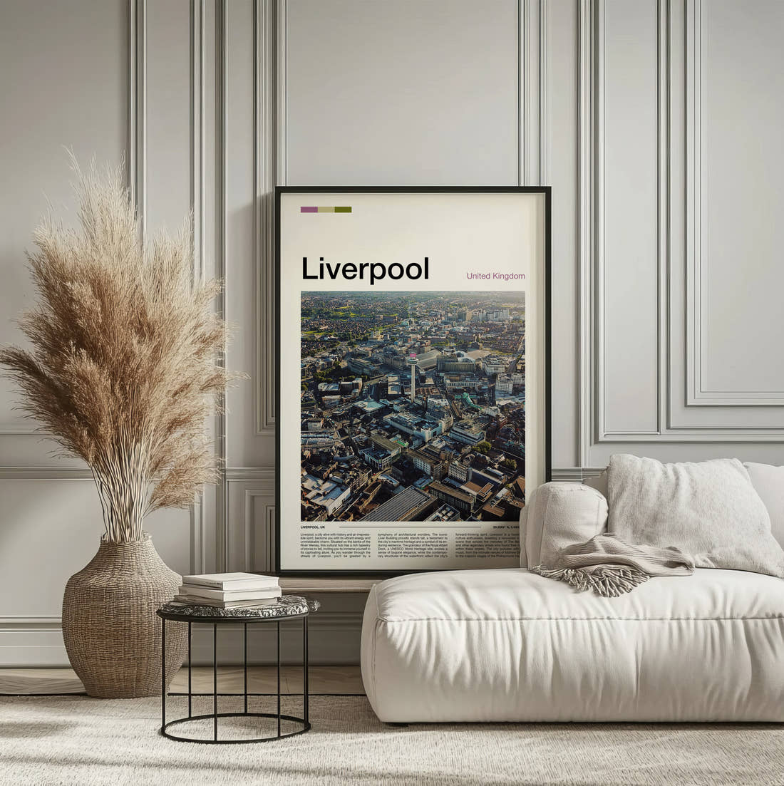 Liverpool Aerial View Of Rooftops Travel Print framed on the wall of a calm, neutral bedroom