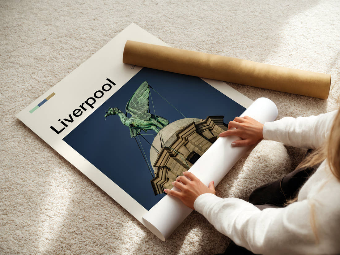 Liverpool Liver Bird Travel Print being unrolled from its postal tube