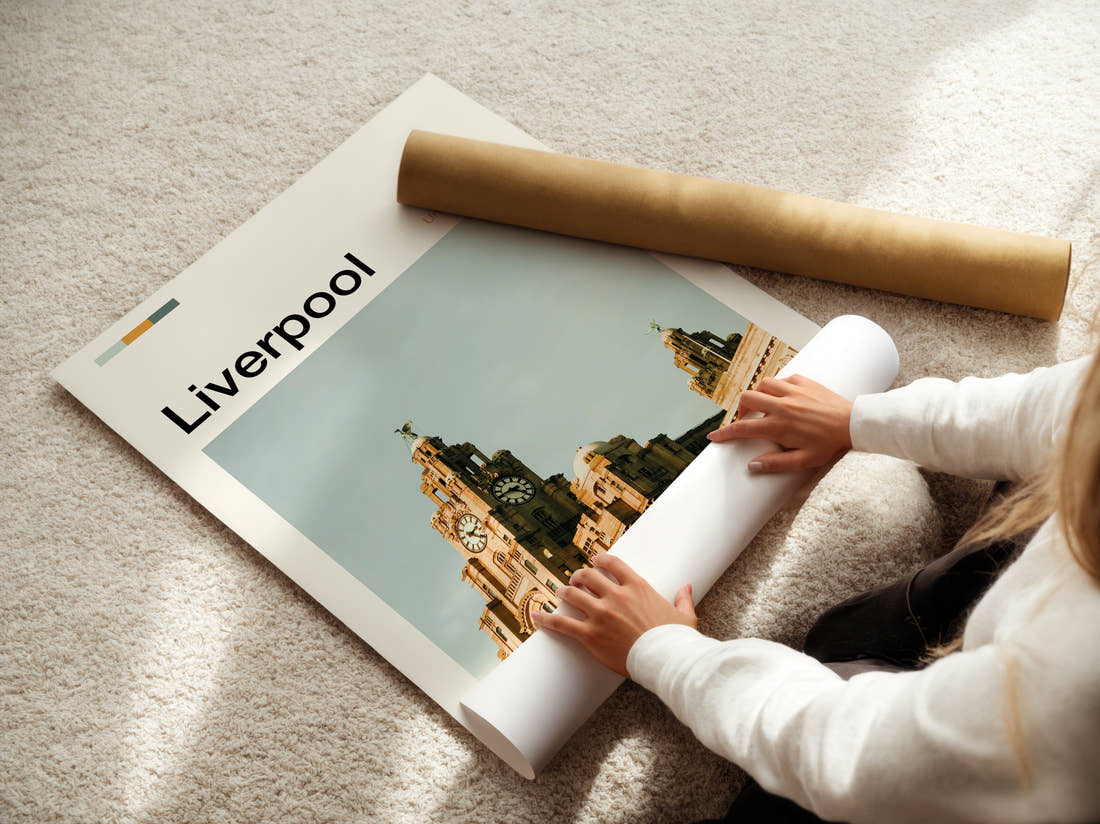 Liverpool Royal Liver Building Clock Towers Travel Print being unrolled from its postal tube
