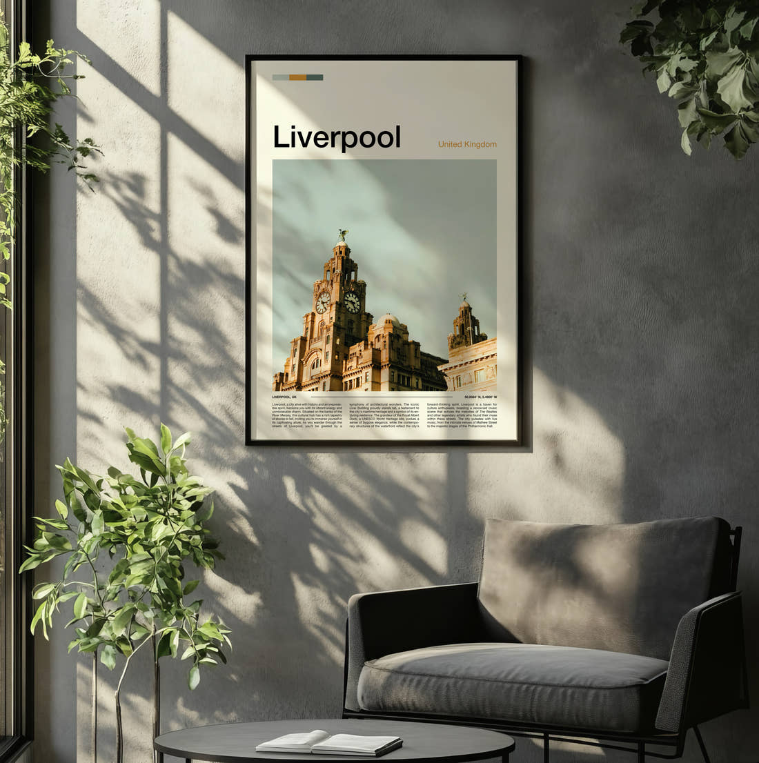 Liverpool Royal Liver Building Clock Towers Travel Print framed on the wall of a relaxed living room