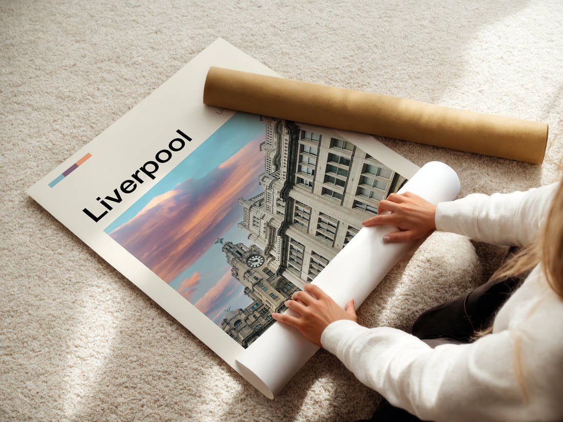 Liverpool Royal Liver Building At Sunset Travel Print being unrolled from its postal tube