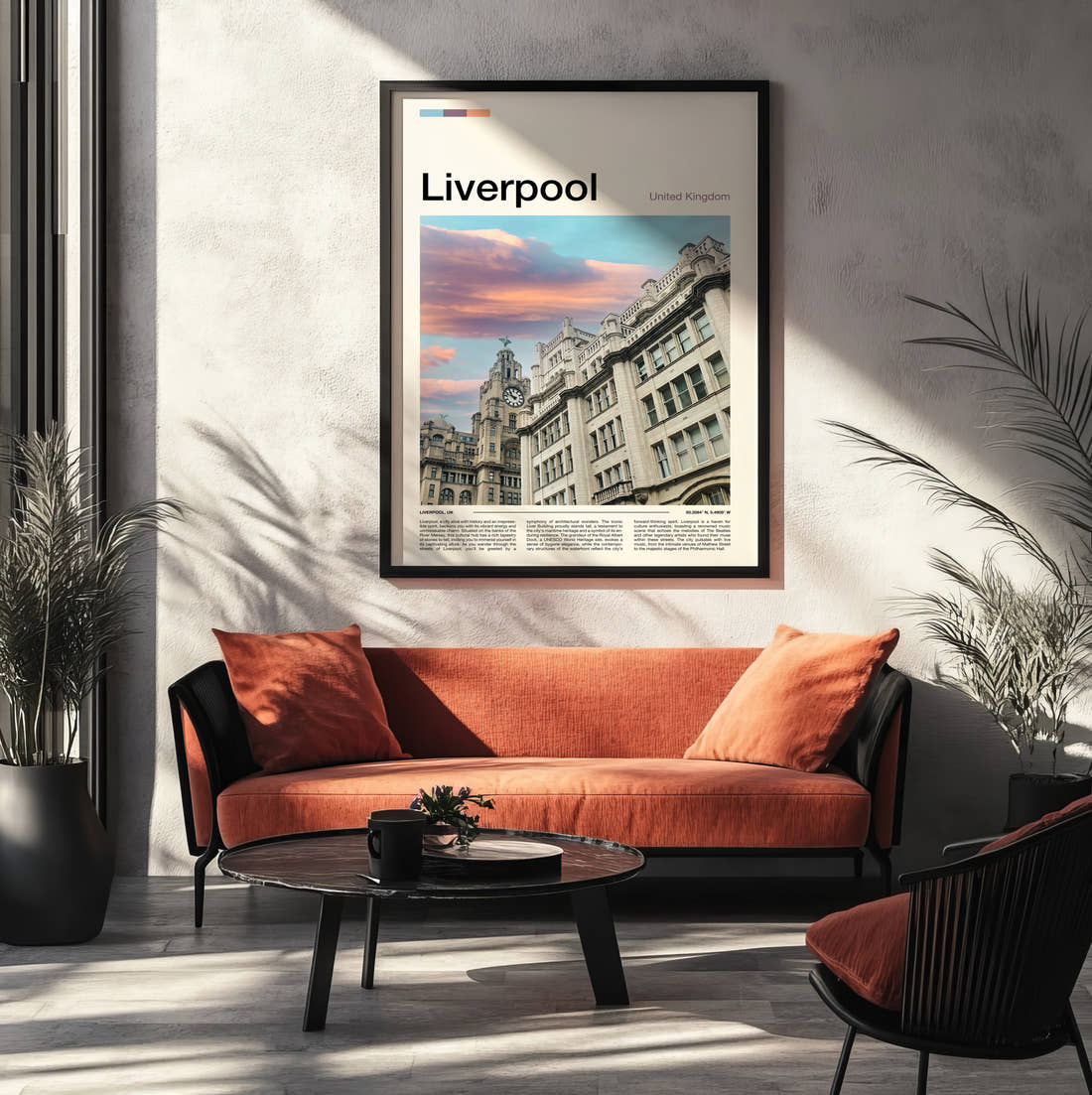 Liverpool Royal Liver Building At Sunset Travel Print framed on the wall of a modern living room