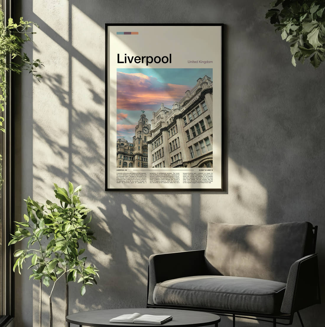 Liverpool Royal Liver Building At Sunset Travel Print framed on the wall of a relaxed living room