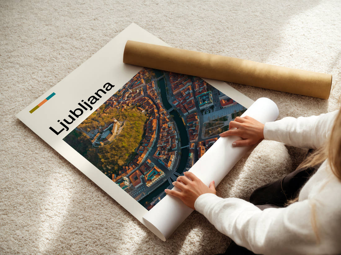 Ljubljana Old Town From Above Travel Print being unrolled from its postal tube