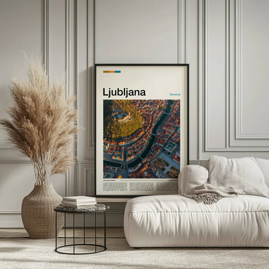 Ljubljana Old Town From Above Travel Print framed on the wall of a calm, neutral bedroom