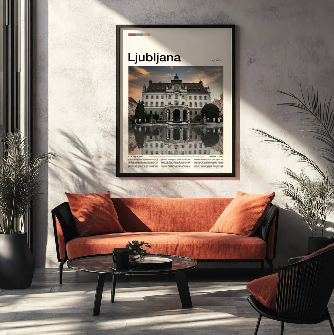 Ljubljana University Building Travel Print framed on the wall of a modern living room