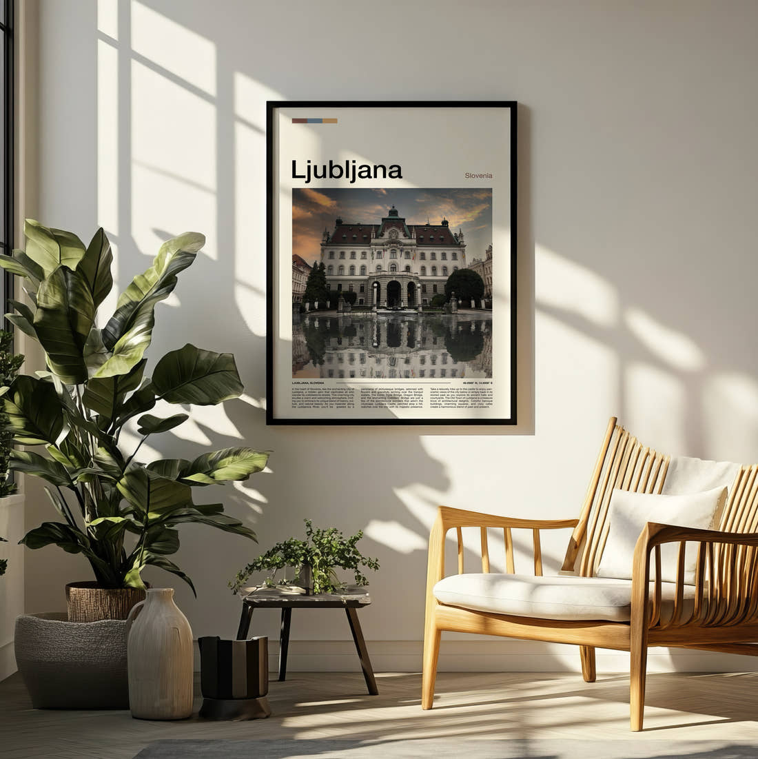 Ljubljana University Building Travel Print framed on a pale wall beside houseplants