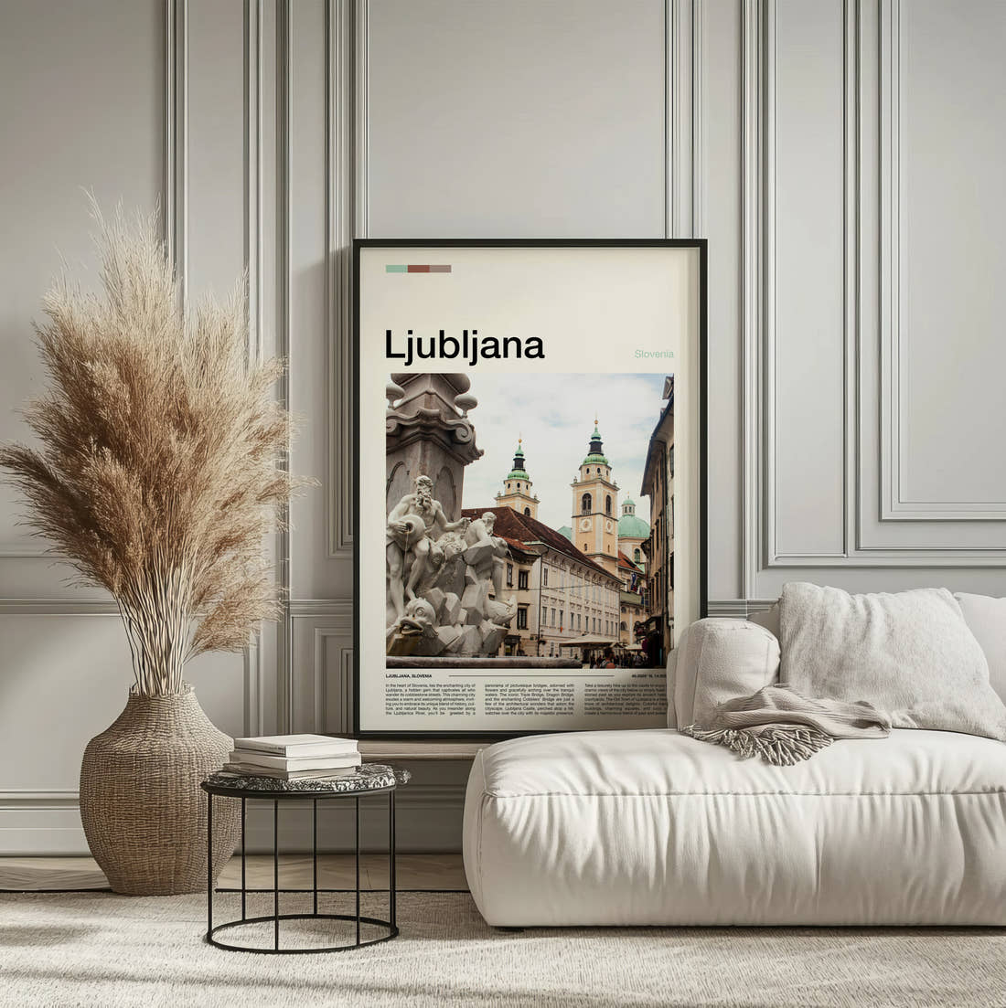 Ljubljana Robba Fountain Travel Print framed on the wall of a calm, neutral bedroom