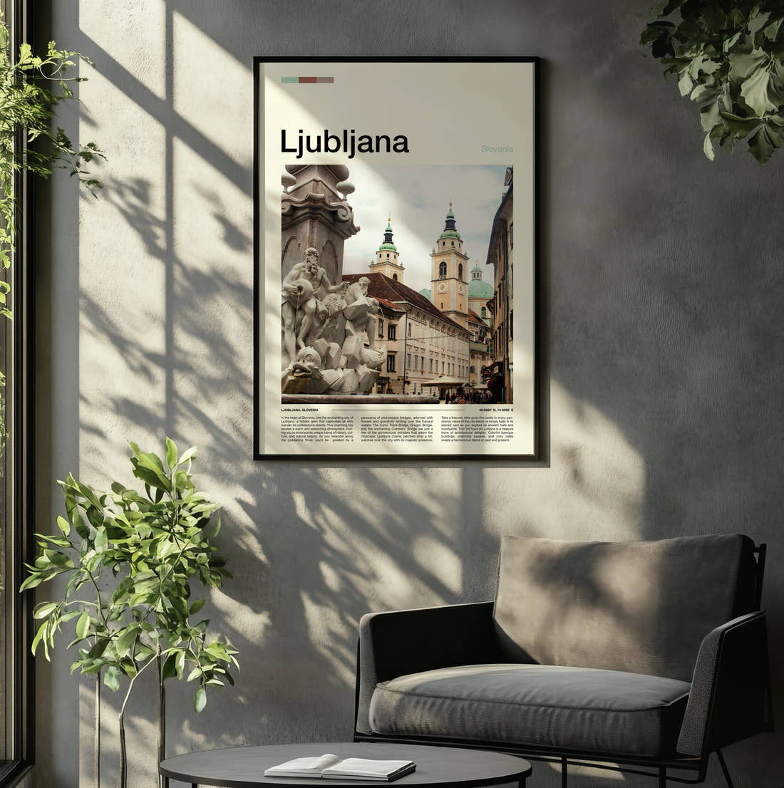 Ljubljana Robba Fountain Travel Print framed on the wall of a relaxed living room