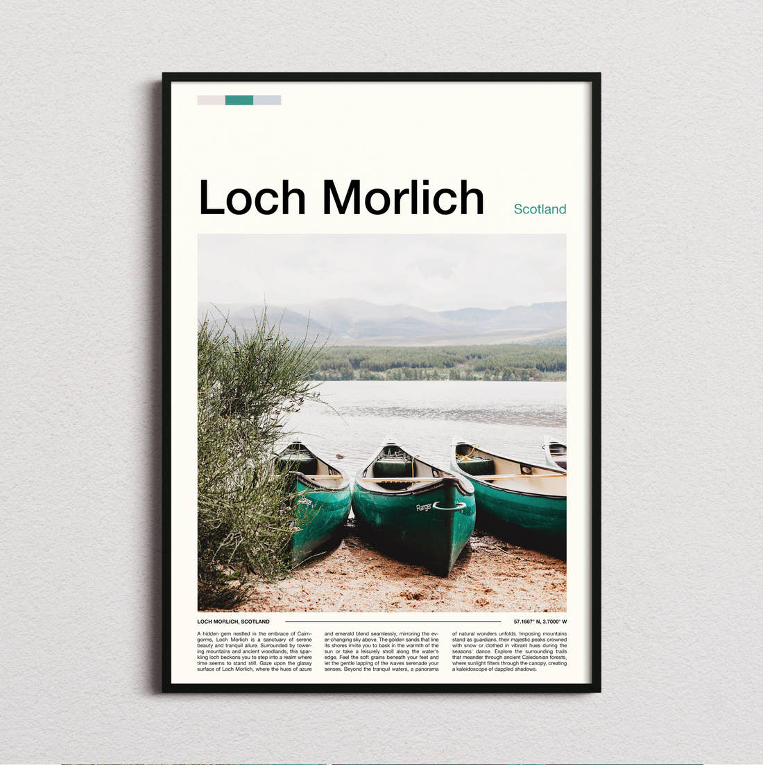 Loch Morlich Canoes On The Shore Travel Print framed and photographed straight on