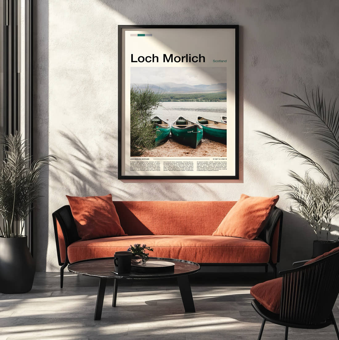 Loch Morlich Canoes On The Shore Travel Print framed on the wall of a modern living room