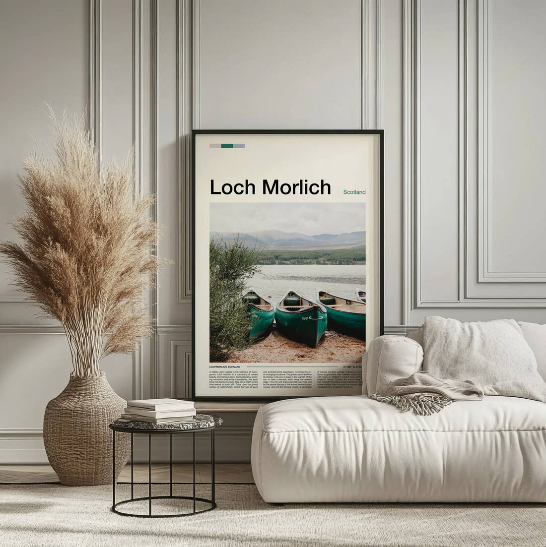 Loch Morlich Canoes On The Shore Travel Print framed on the wall of a calm, neutral bedroom