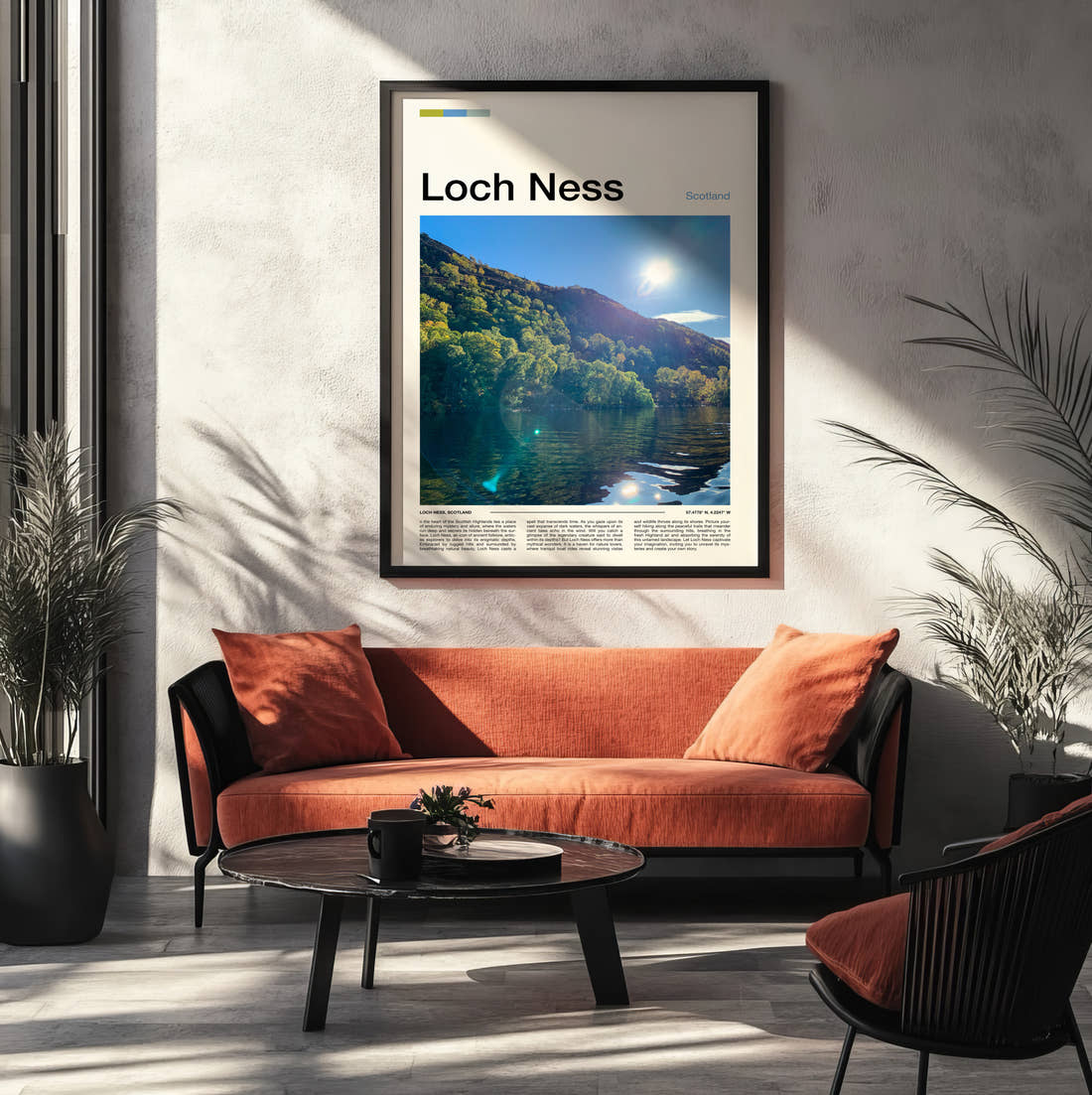 Loch Ness Sunlight Over The Loch Travel Print framed on the wall of a modern living room