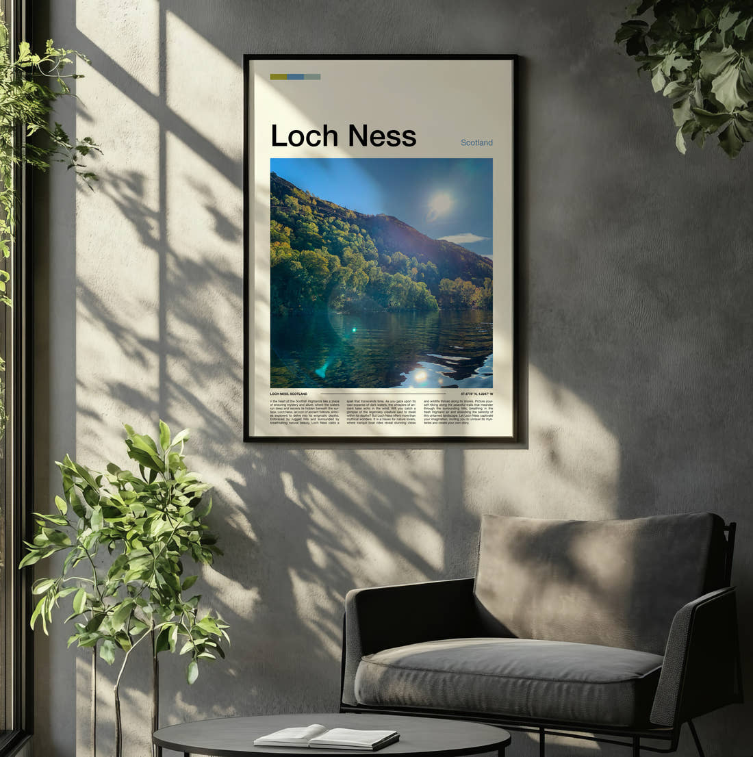 Loch Ness Sunlight Over The Loch Travel Print framed on the wall of a relaxed living room