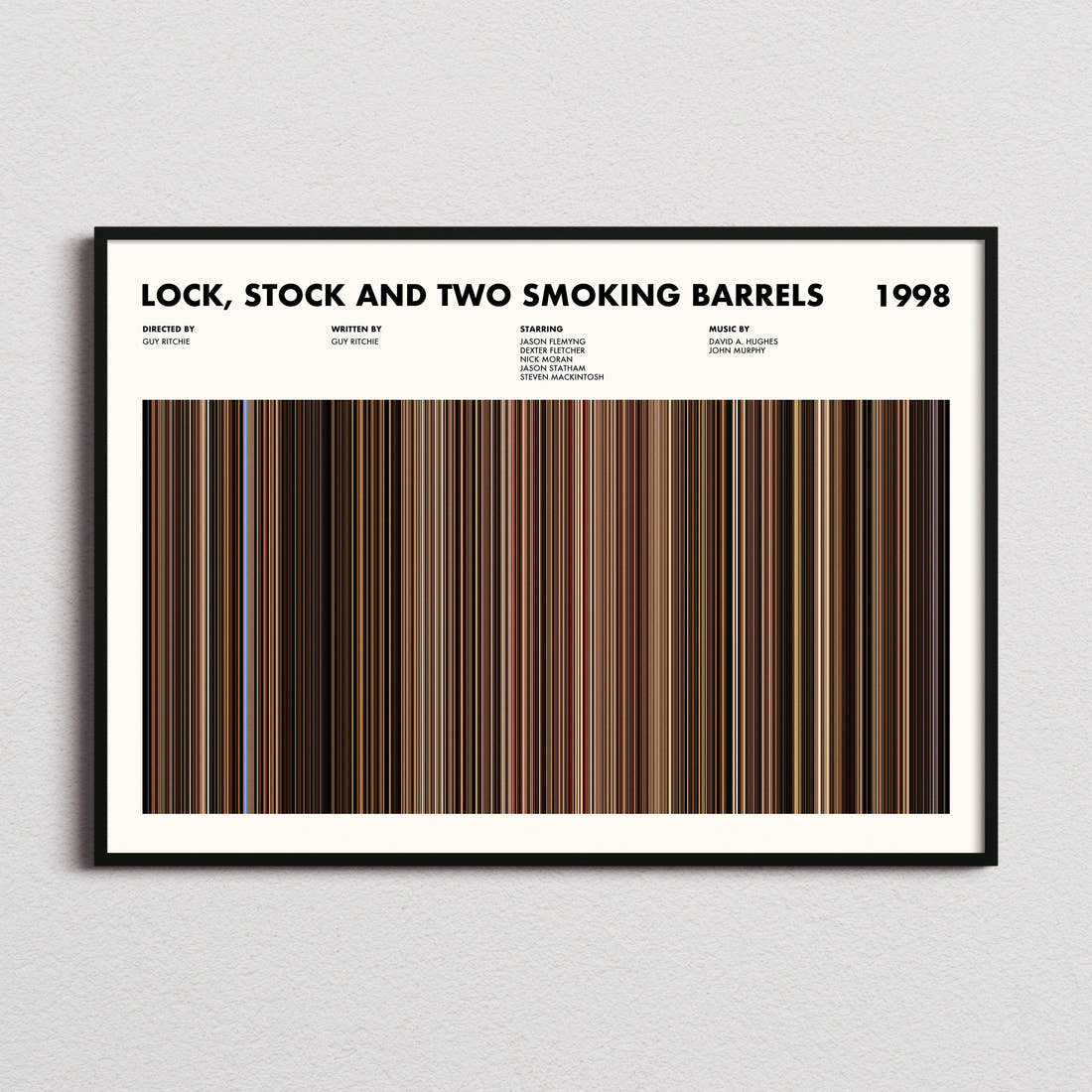 Lock, Stock and Two Smoking Barrels Movie Barcode Poster framed and photographed straight on