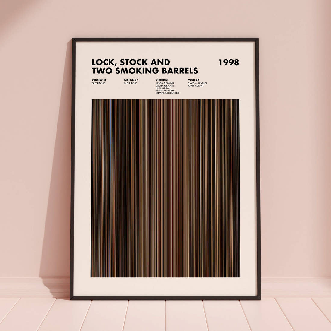 Lock, Stock and Two Smoking Barrels Movie Barcode Poster framed and leaning against a coloured wall