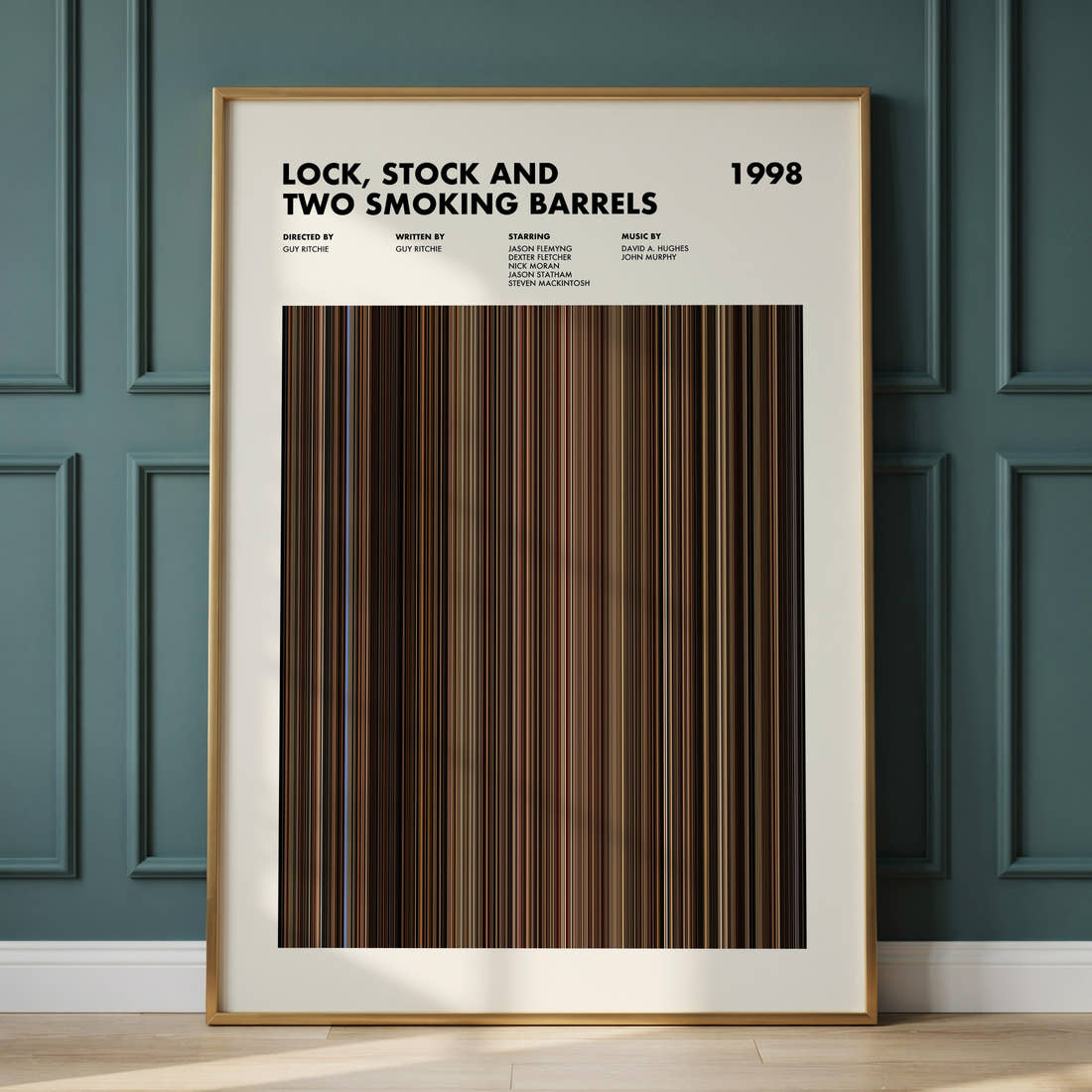 Lock, Stock and Two Smoking Barrels Movie Barcode Poster framed and leaning against a panelled wall