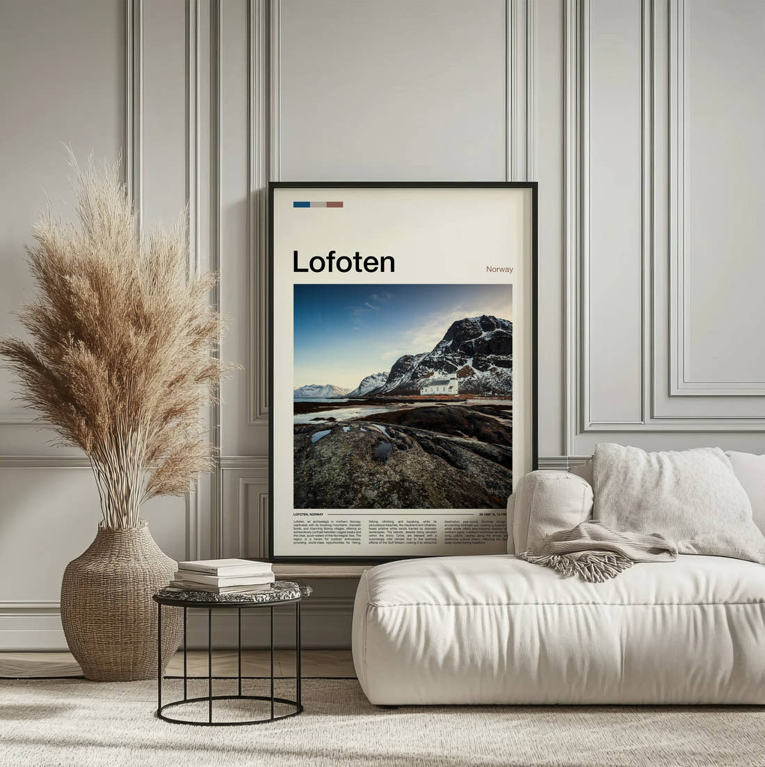 Lofoten Lone House Below Mountain Travel Print framed on the wall of a calm, neutral bedroom