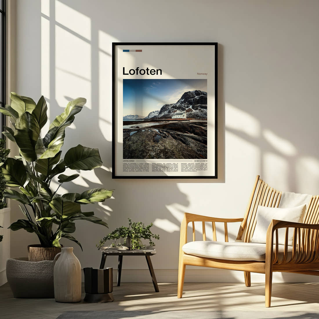 Lofoten Lone House Below Mountain Travel Print framed on a pale wall beside houseplants