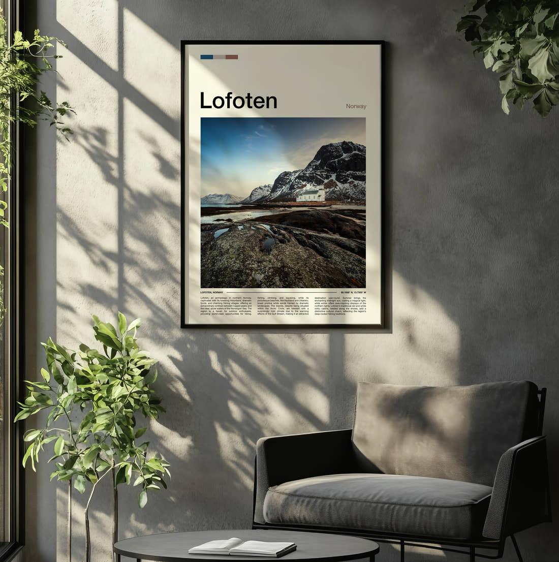 Lofoten Lone House Below Mountain Travel Print framed on the wall of a relaxed living room